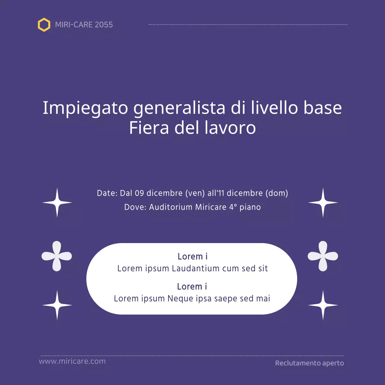 Un annuncio di assunzione semplice, in bianco e viola, per i nuovi assunti.