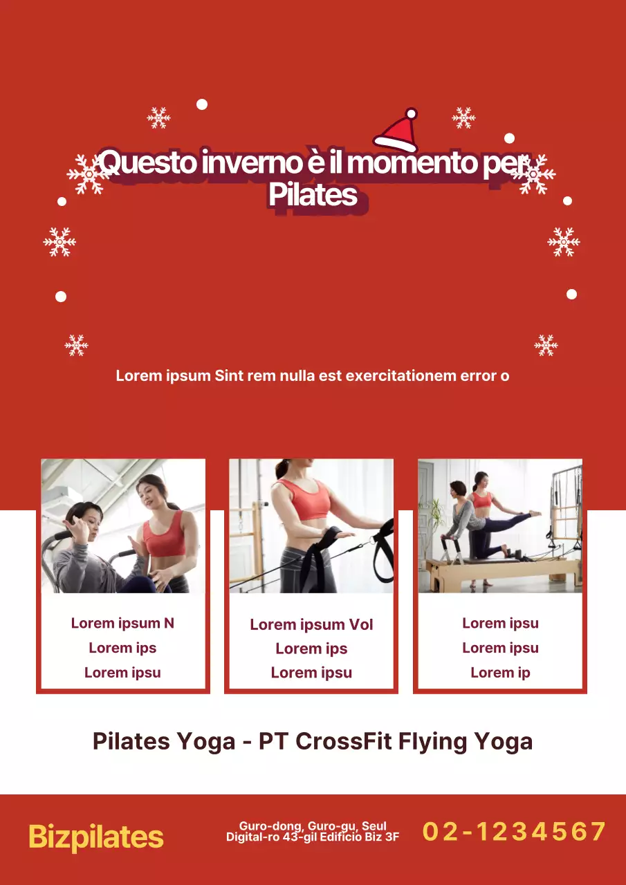 Promozione per una scuola di Pilates in un concetto invernale con una foto di una lezione di Pilates in rosso.
