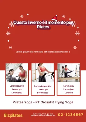 Promozione per una scuola di Pilates in un concetto invernale con una foto di una lezione di Pilates in rosso.