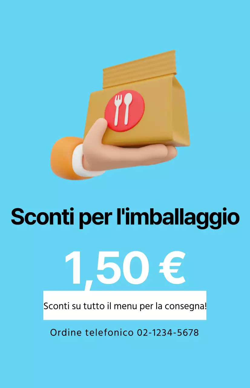 Una promozione di sconto pulita con un'immagine da asporto su uno sfondo blu chiaro