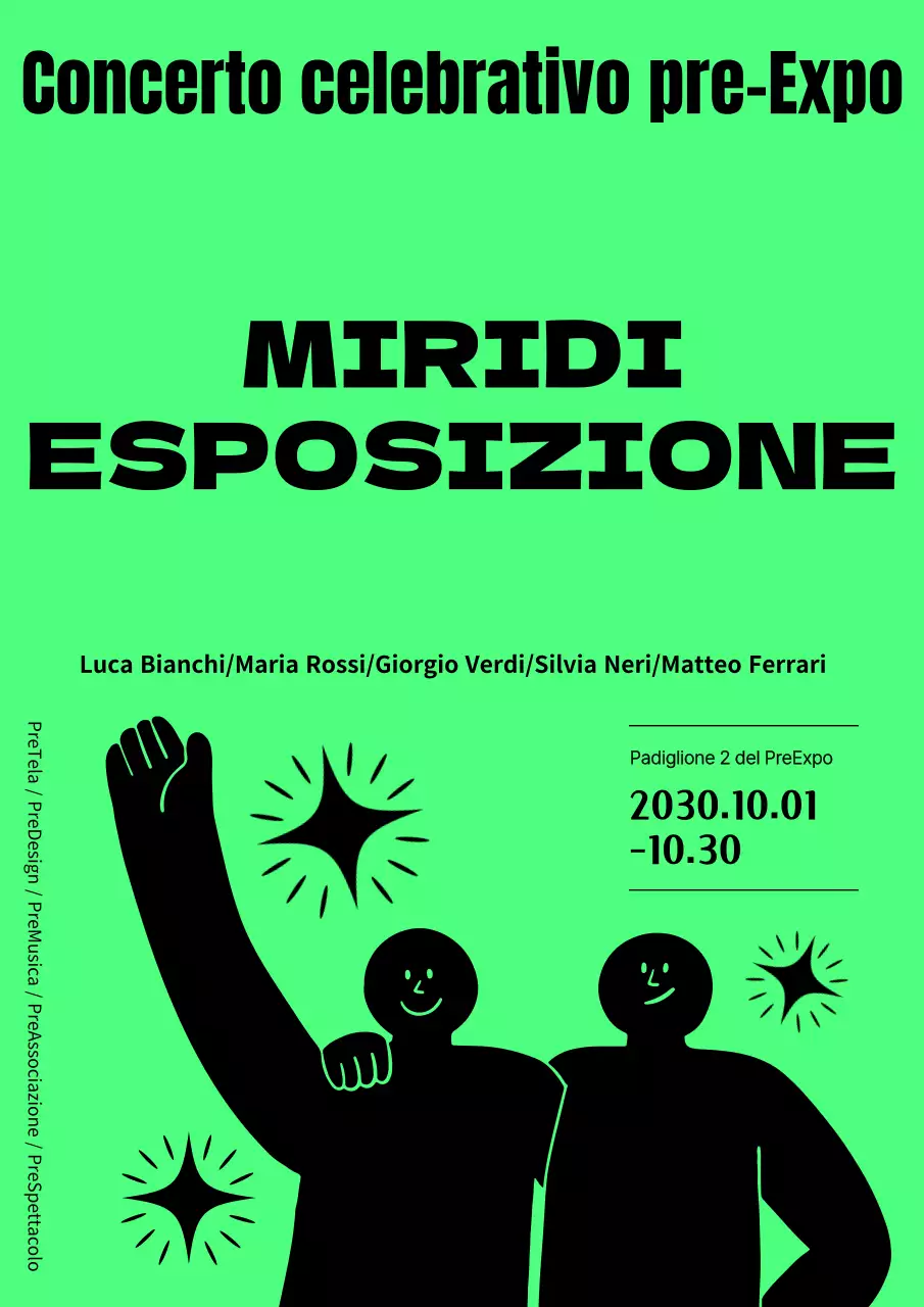 Illustrazioni umane alla moda, semplici e simpatiche, in nero e verde neon, con stelle e un concerto per celebrare l'apertura dell'Expo.