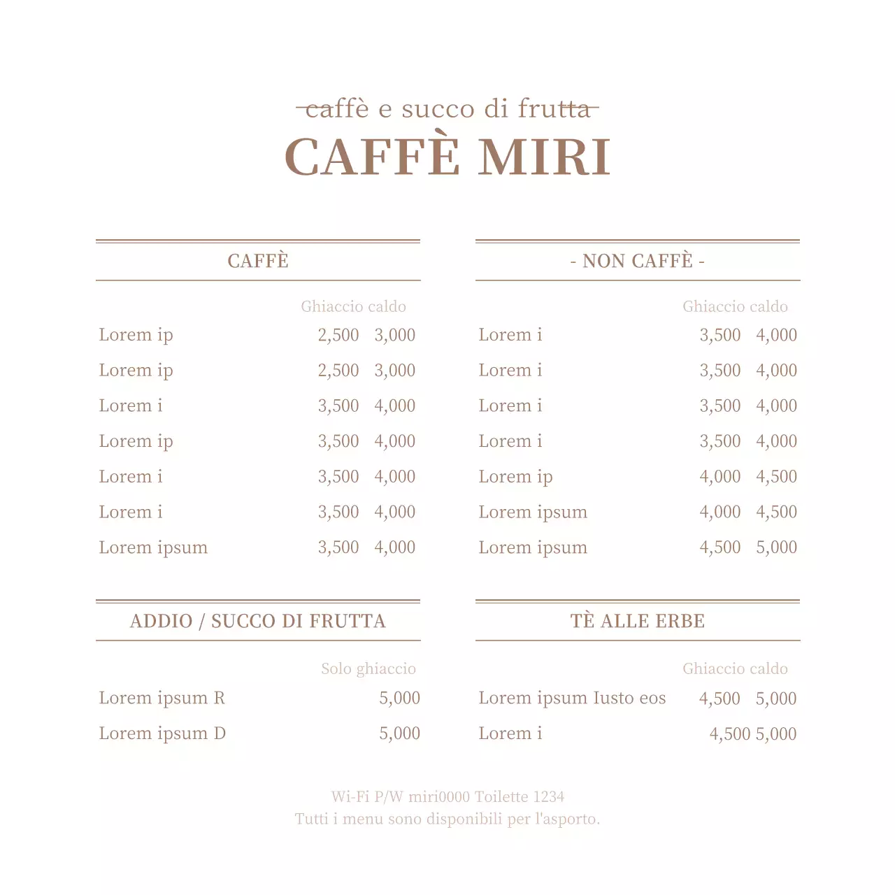 Un menu pulito, bianco e marrone, con un listino prezzi.