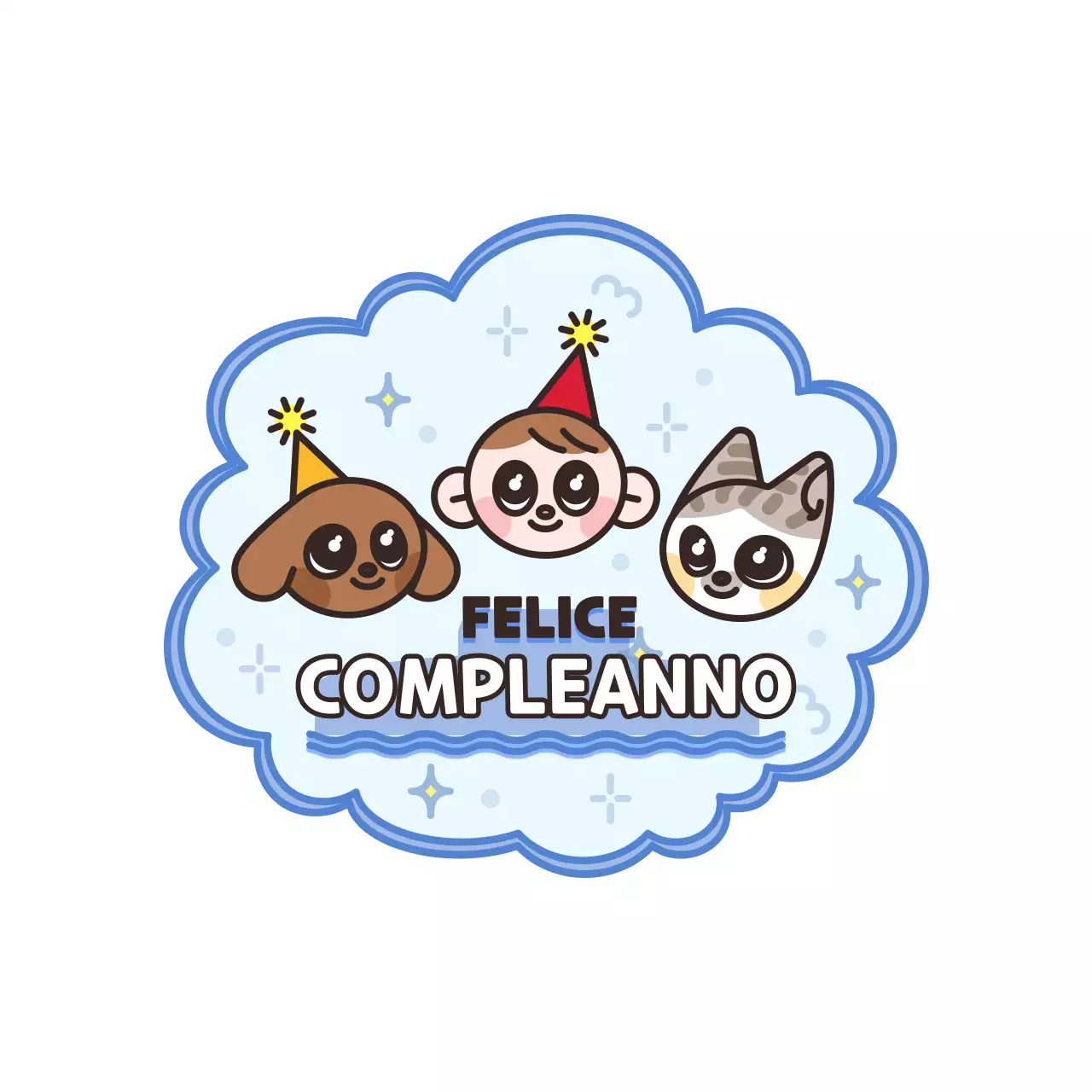 Illustrazione di un personaggio carino in stile cornice in blu chiaro e marrone scuro per un buon compleanno.