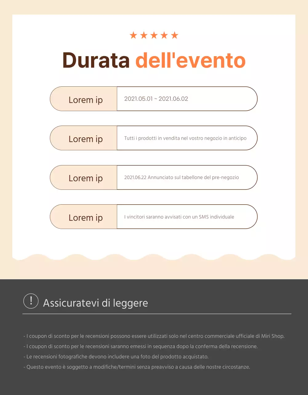 Pagina dell'evento rivista in marrone e arancione