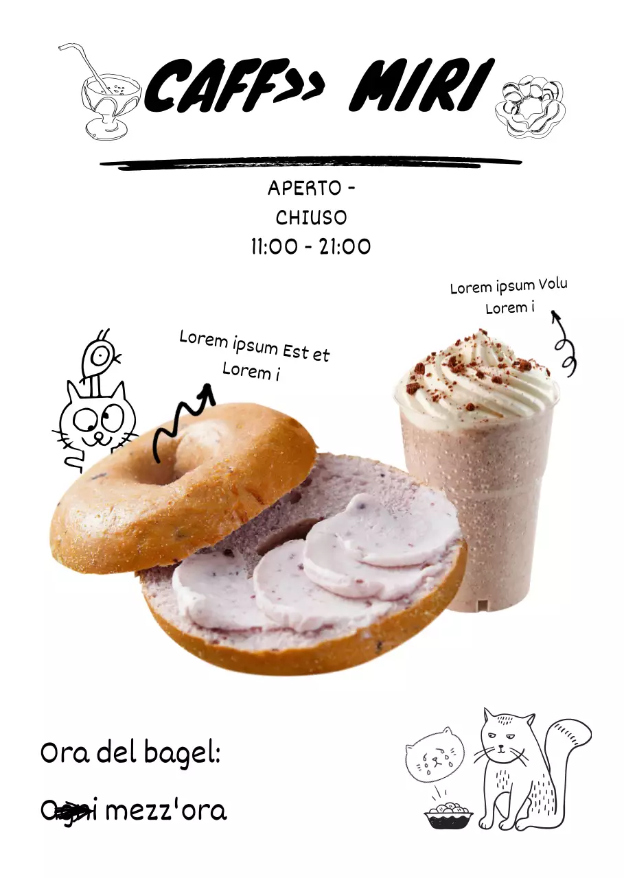 Disegno su sfondo bianco di un bagel e di una cioccolata ghiacciataPoster del caffè in calligrafia