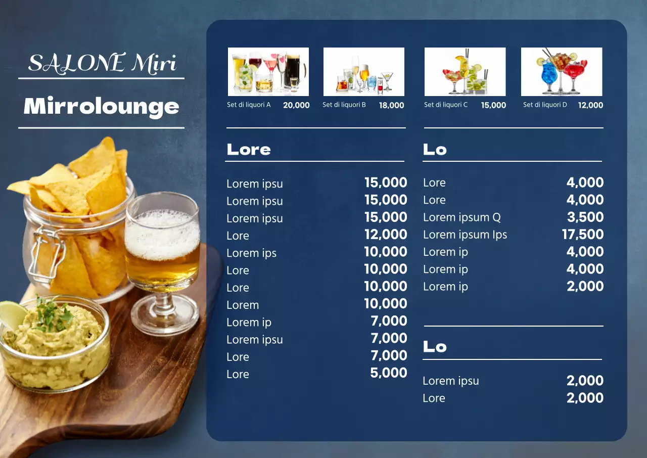 Il menu dell'Hofzip Lounge, in blu.
