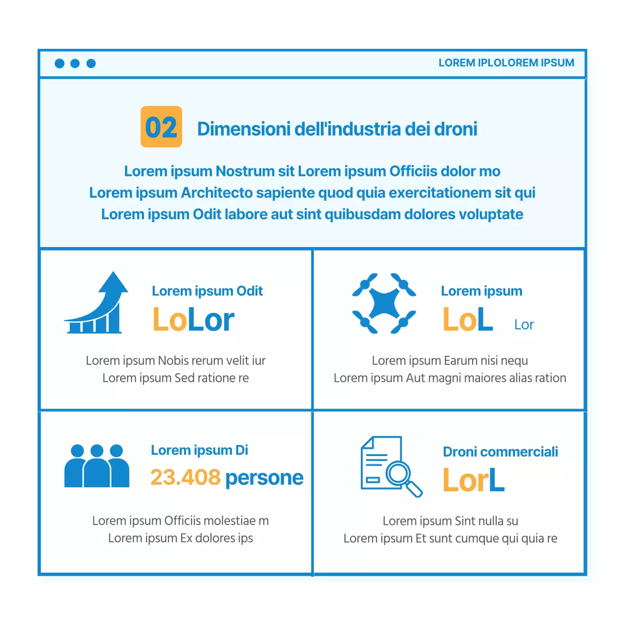 World of Drones CardNews Design in blu e bianco