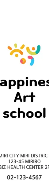 Promosi dengan logo dan informasi sekolah seni yang sederhana dan penuh warna