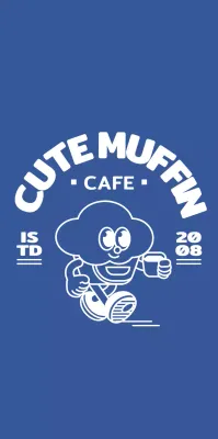 Cute, round cupcake character logo style in blue and white for cafe merchandise