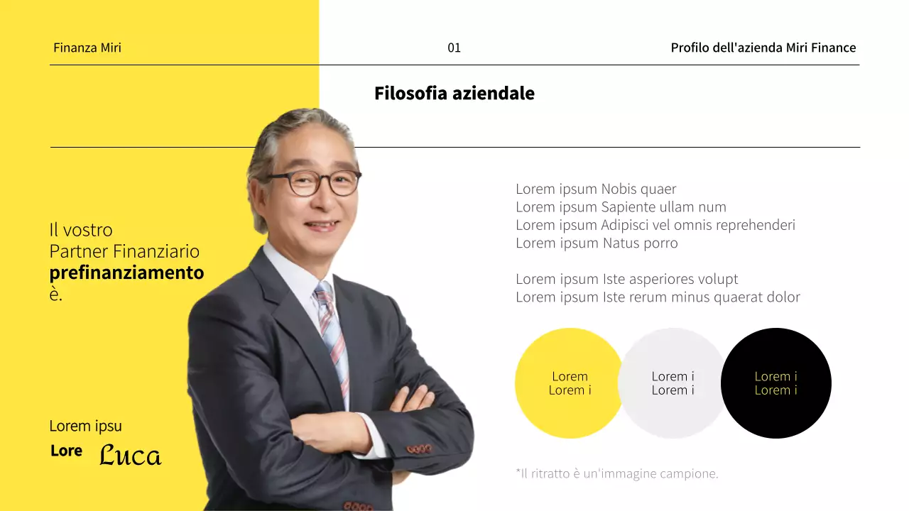 Un profilo di società finanziaria minimalista in giallo e bianco