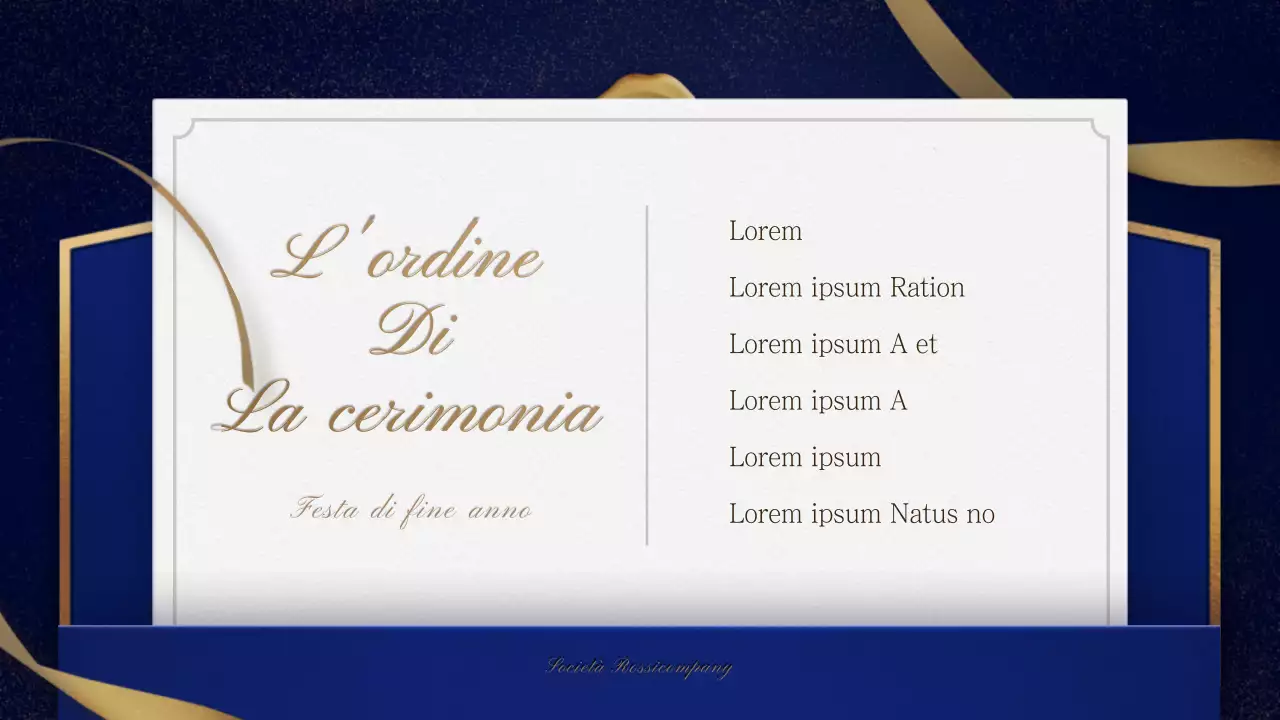 Un invito dorato e blu per una festa di fine anno con un ordine di servizio cerimoniale