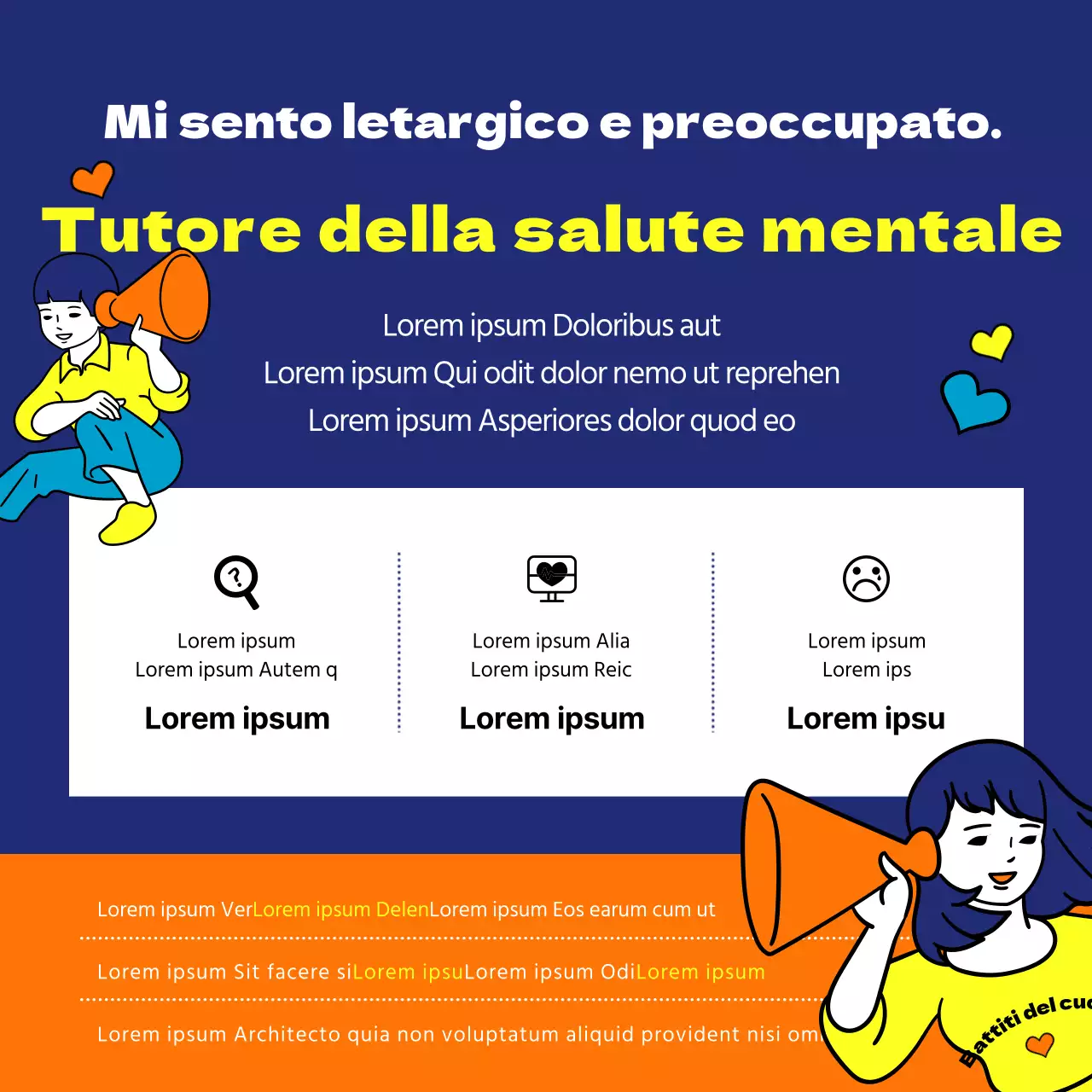 Iscriviti per ricevere notifiche sulle informazioni relative alle politiche di sostegno ai giovani con illustrazioni comiche e giocose in arancione e blu navy.