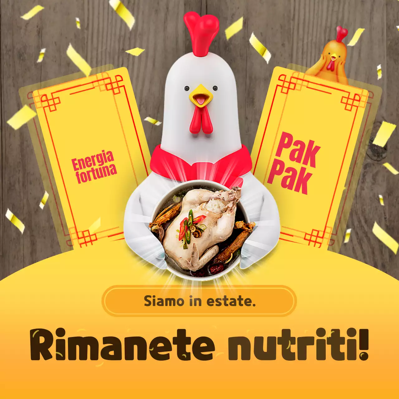 Tema 3D del personaggio Samgyetang con concetto giallo colorato e allegro di tifo