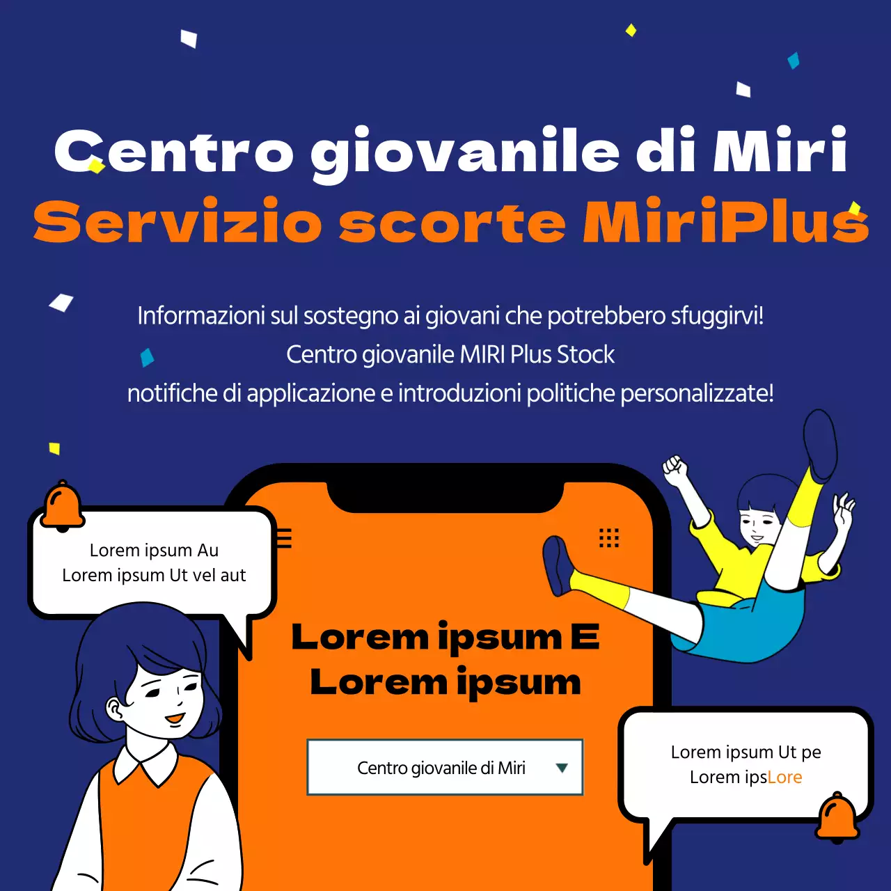 Iscriviti per ricevere notifiche sulle informazioni relative alle politiche di sostegno ai giovani con illustrazioni comiche e giocose in arancione e blu navy.