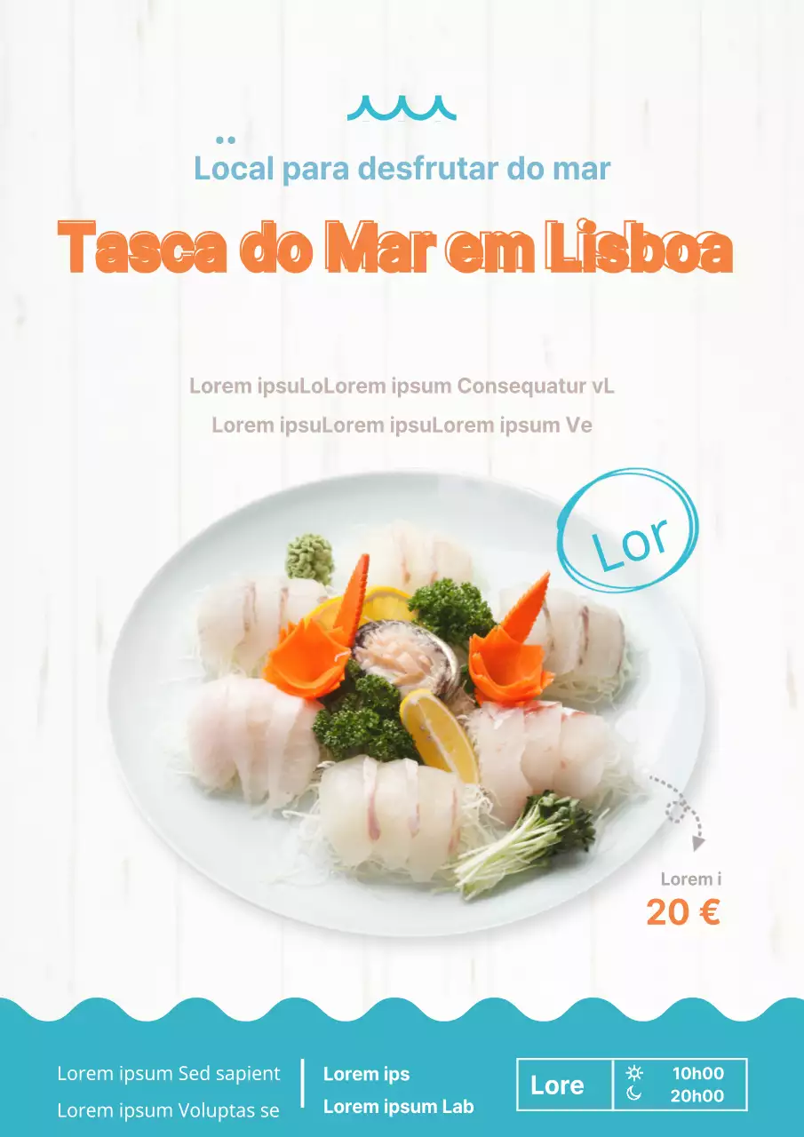 Evento de inauguração de um restaurante de sashimi com fotografias de sashimi azul e laranja