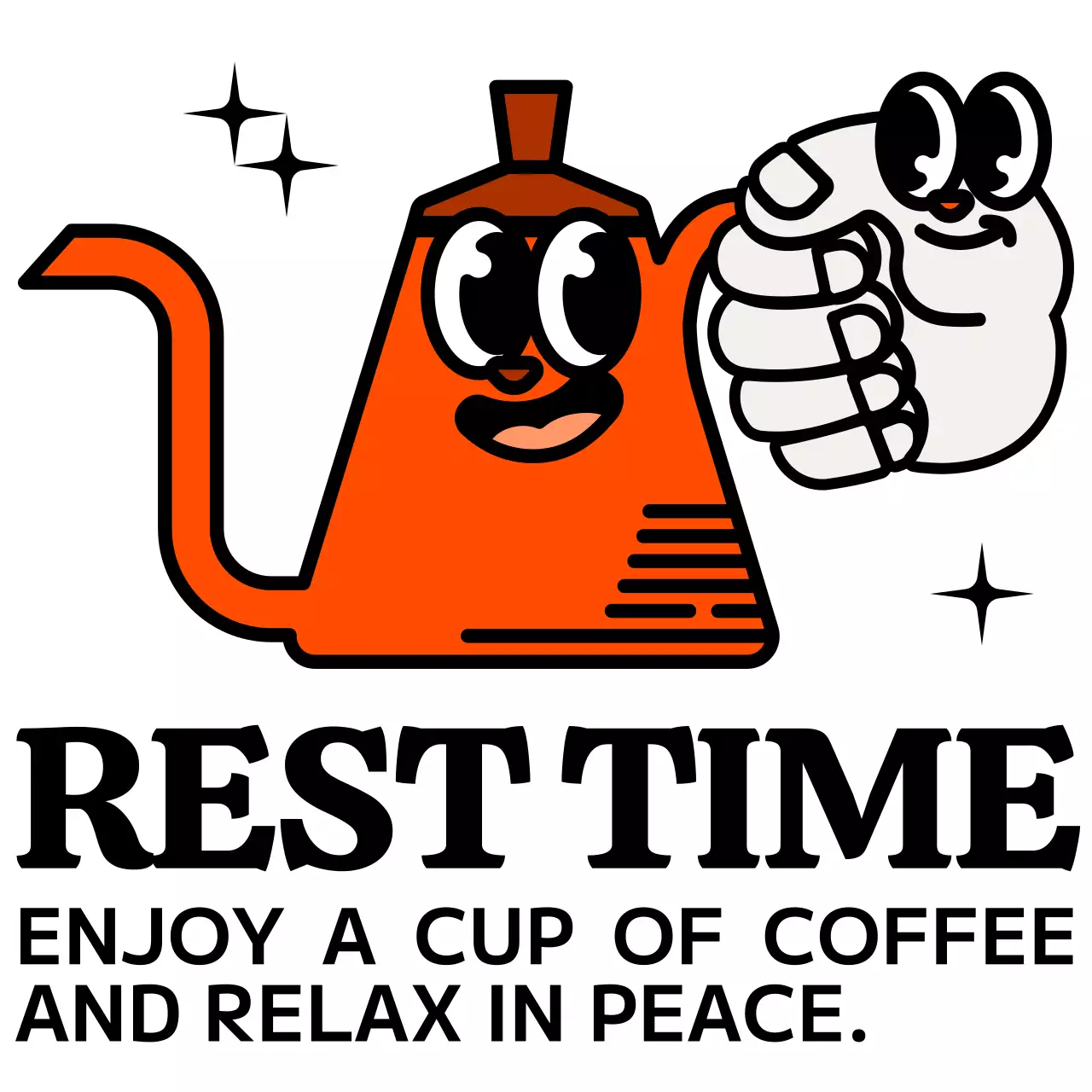 Cute and hip coffee pot character and text combination in black and red Logo style for cafe promotion and promotion