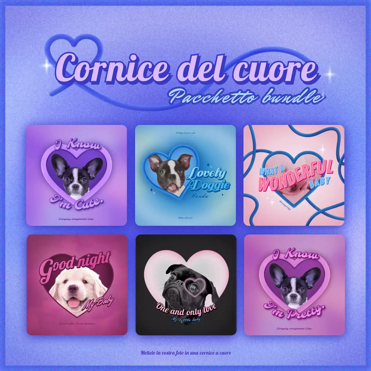 Pacchetto bundle Heart Frame Y2K Kitsch Concept in viola e blu