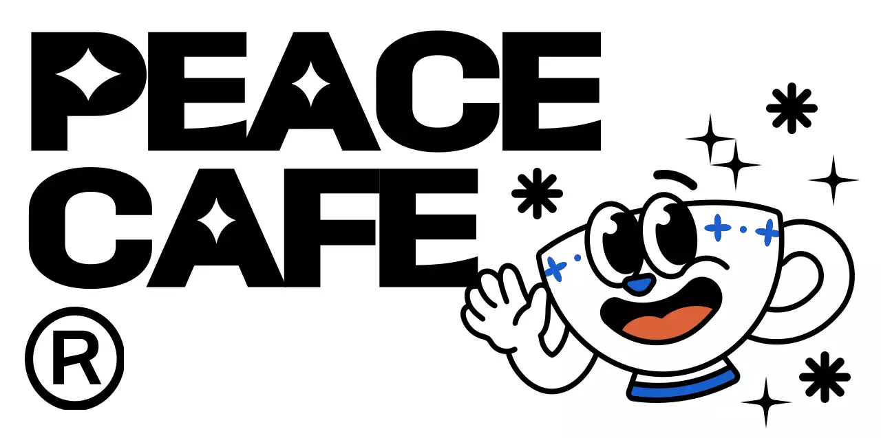 Cute and hip coffee cup character and text combination in black and blue Logo style for cafe promotion and promotion