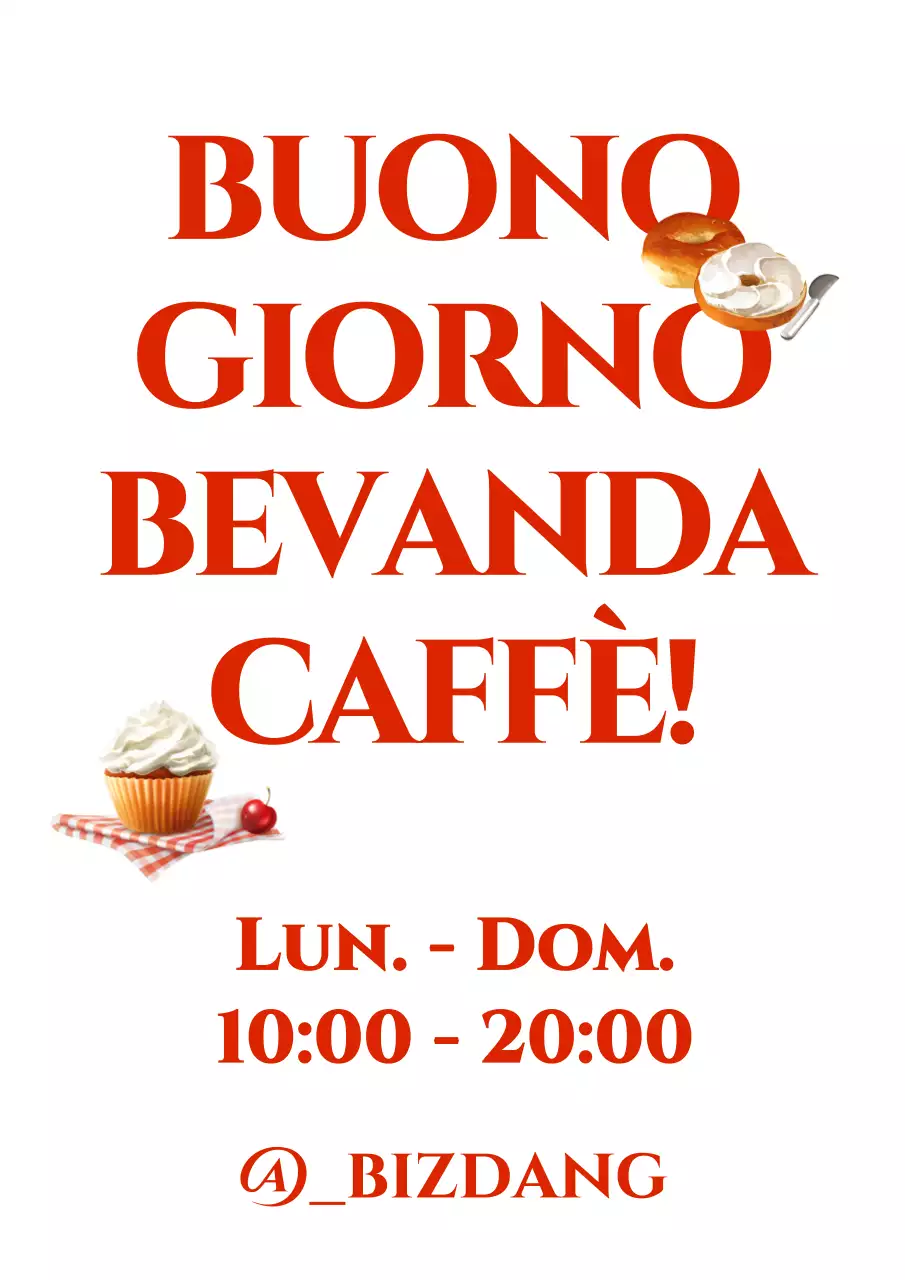 Disegnate un caffè con testo e orari di apertura in rosso.