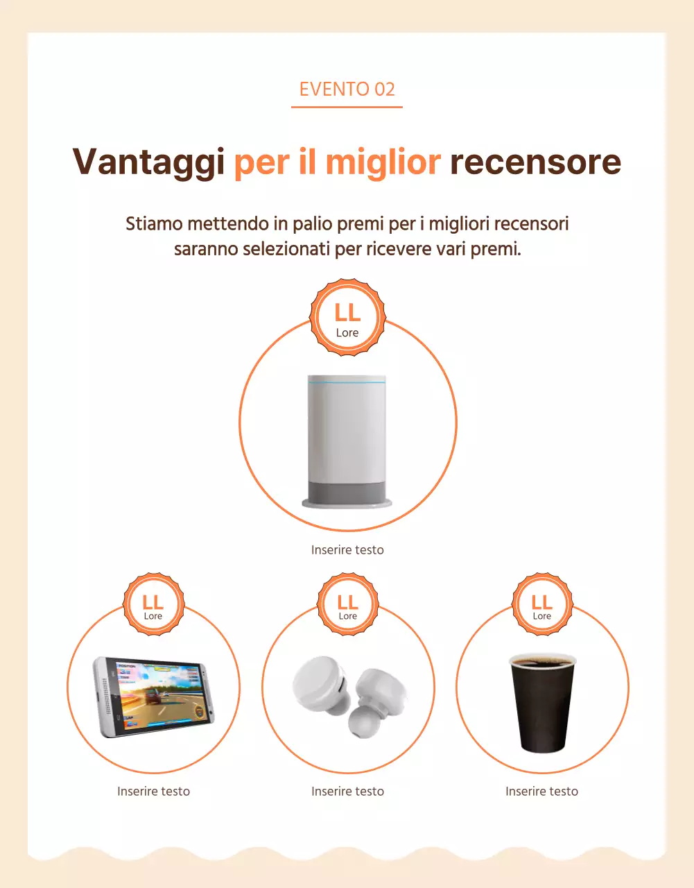 Pagina dell'evento rivista in marrone e arancione