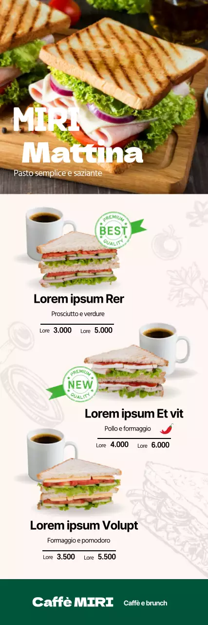 Menu del ristorante pulito con panino e foto verde in evidenza