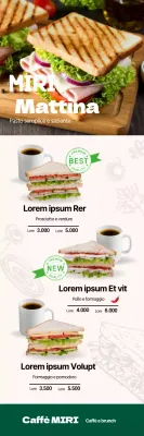 Menu del ristorante pulito con panino e foto verde in evidenza