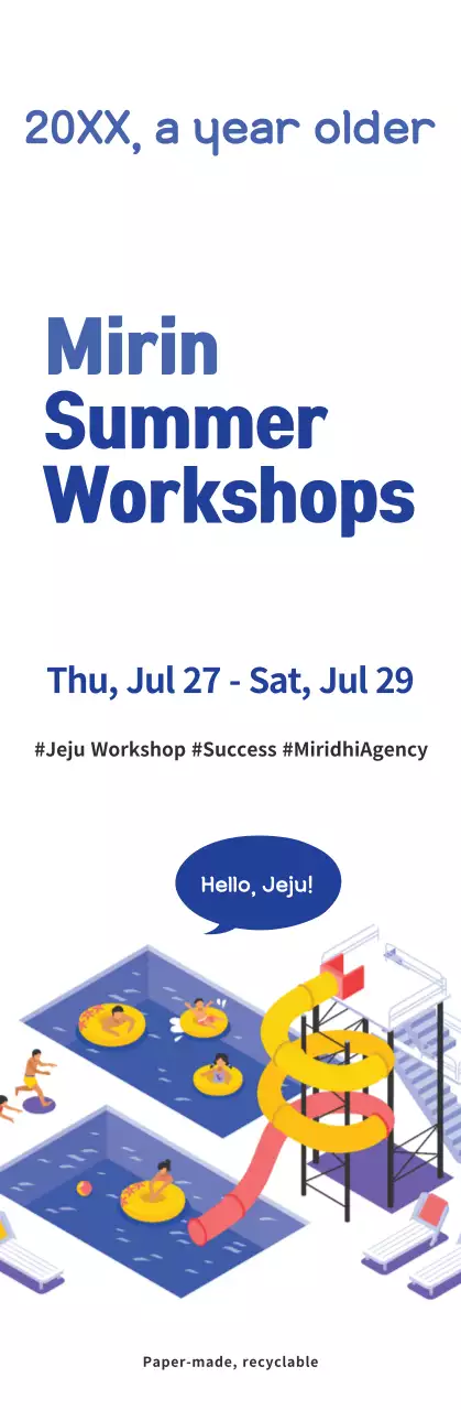 Gaya ilustrasi sederhana dengan warna biru tua dan biru muda Informasi tentang lokakarya musim panas