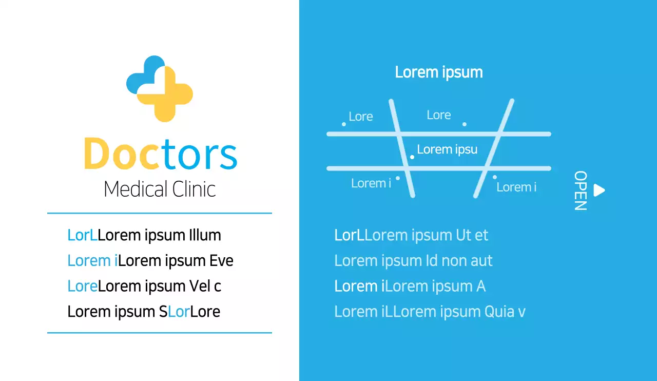 Combinação simples e limpa de logótipo de hospital e texto em estilo de disposição amarelo e azul com informações hospitalares