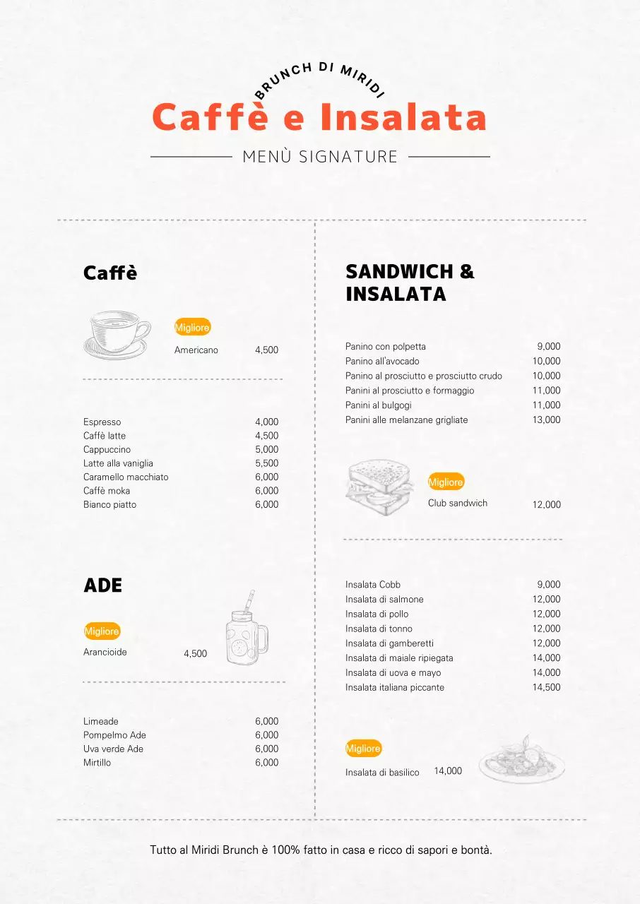 Tabellone verticale del menu del brunch del bar in arancione con illustrazioni