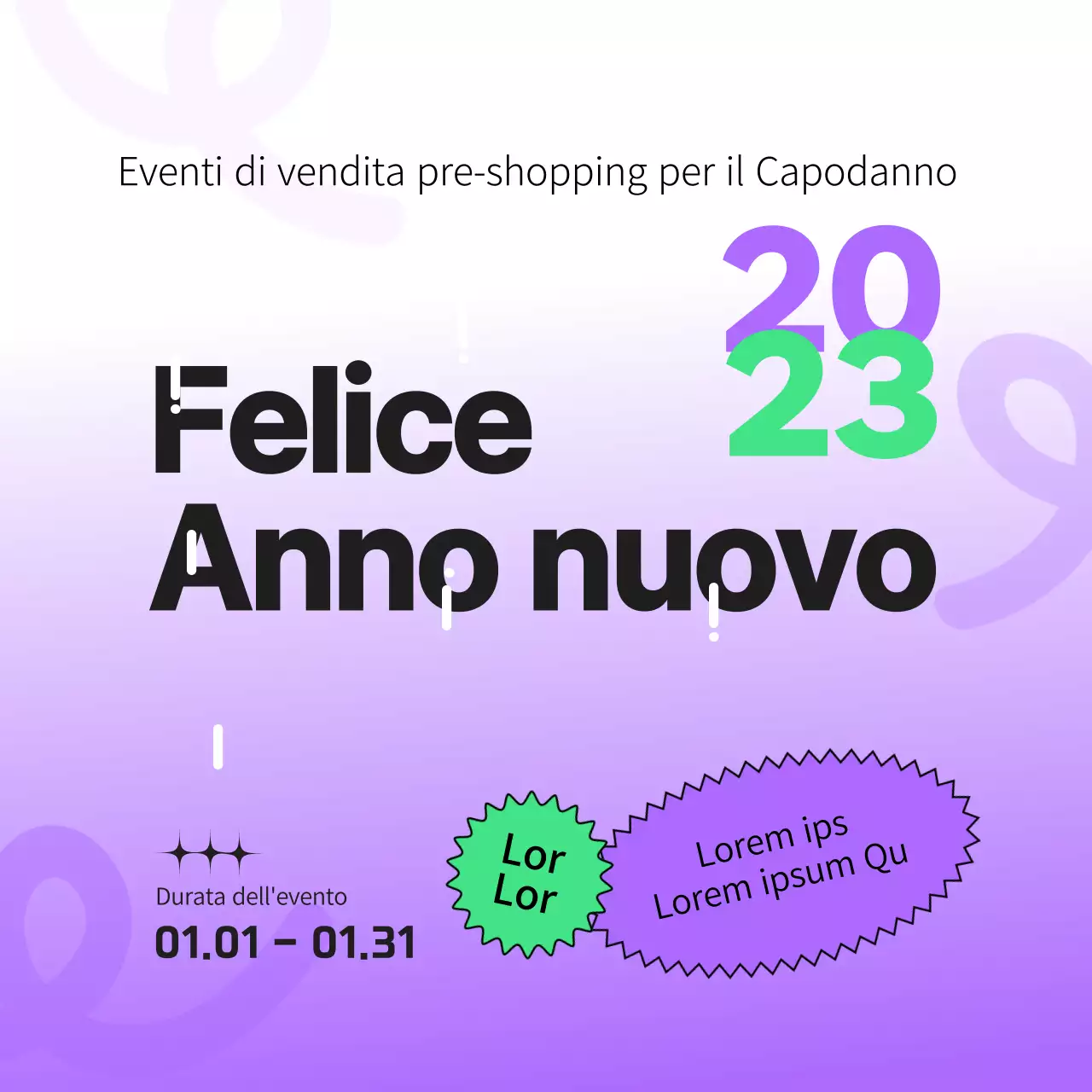 Annuncio di Buon Anno 2023 in viola e chartreuse fluorescente