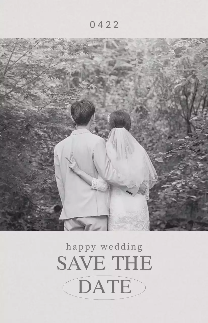 A photocard-style wedding invitation highlighting a calm, black-and-white wedding photo.