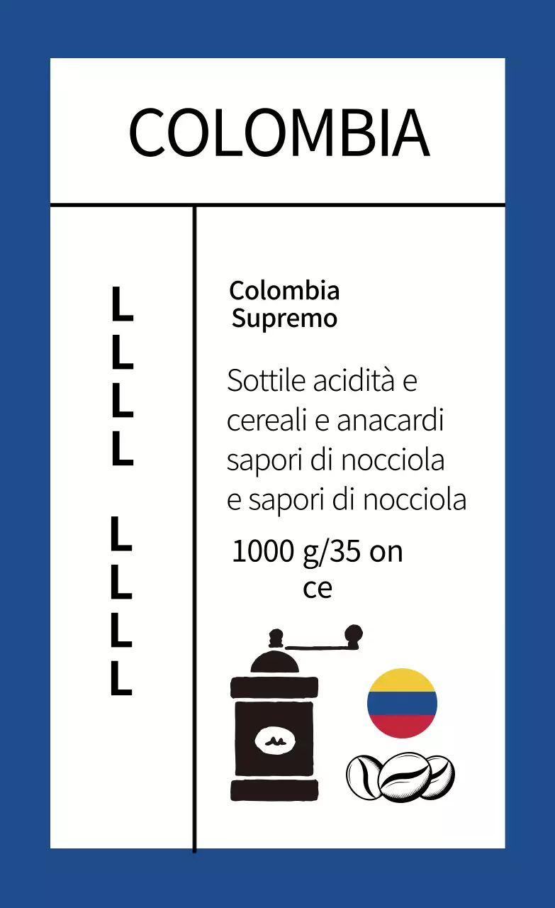 Etichetta ordinata per chicchi di caffè con illustrazione blu