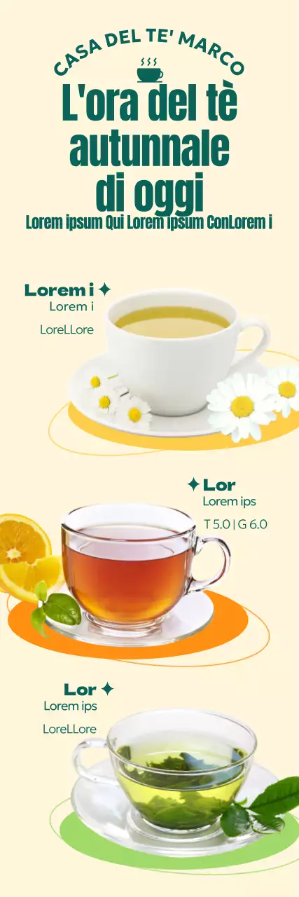 Un menu da bar con grafiche geometriche colorate e foto di calde bevande autunnali a base di tè.