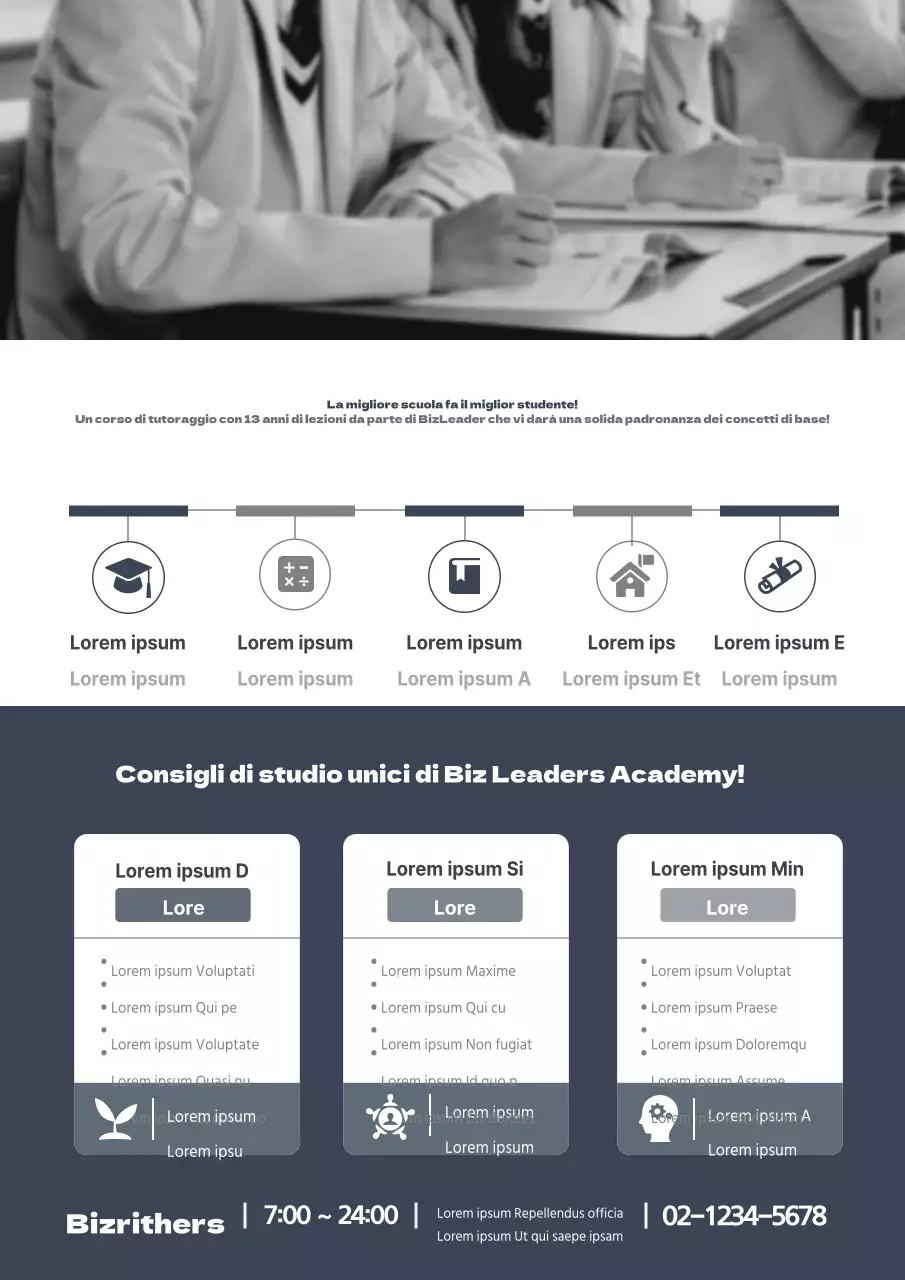 Promozione di un'accademia con foto in bianco e nero di studenti che studiano la sodomia