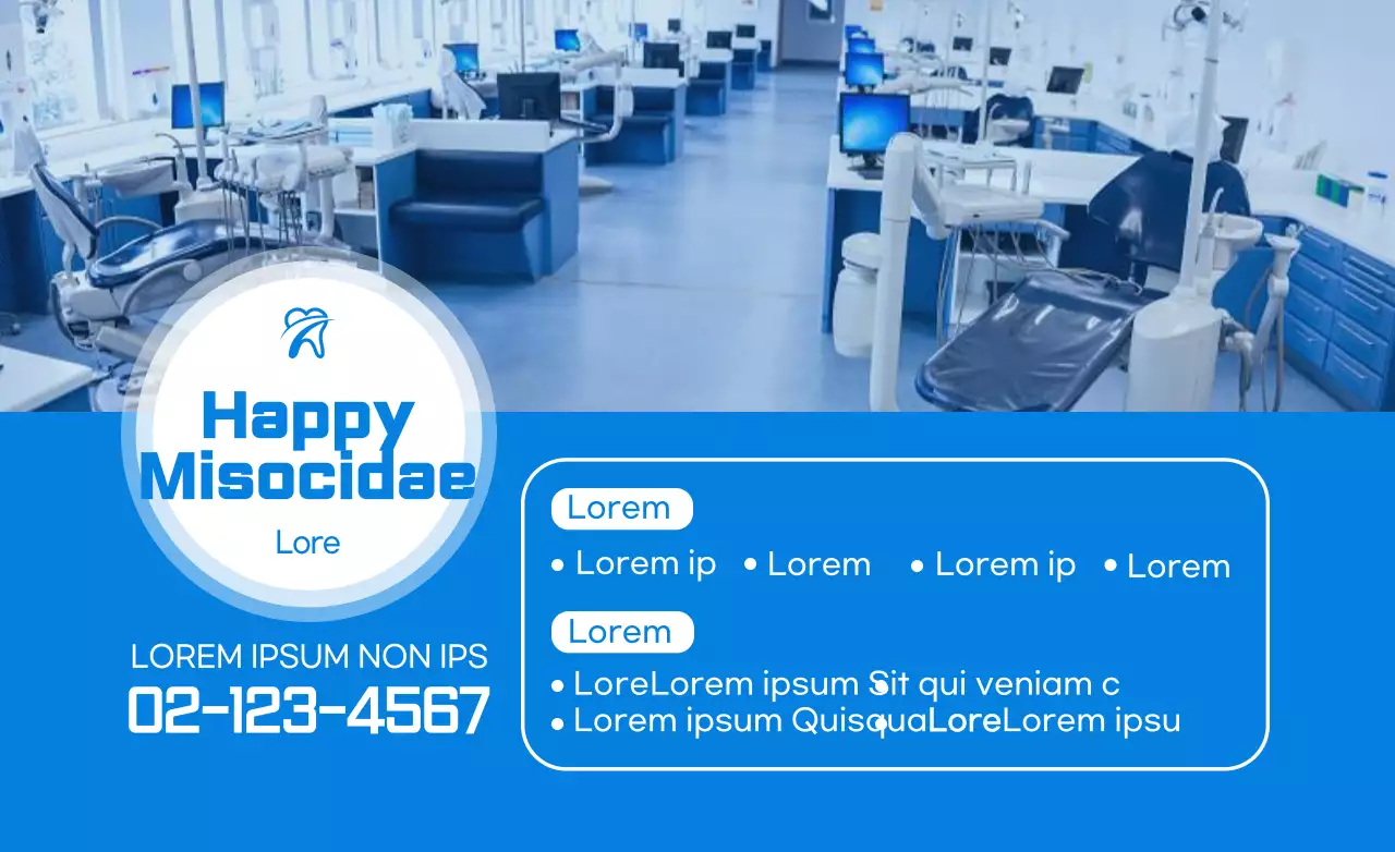 Desenho promocional simples e limpo de clínica dentária em azul com fotografias