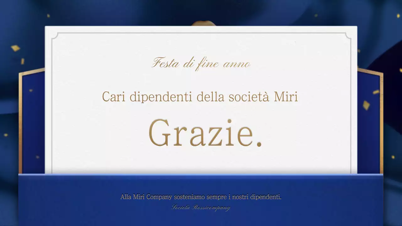 Un invito dorato e blu per una festa di fine anno con un ordine di servizio cerimoniale