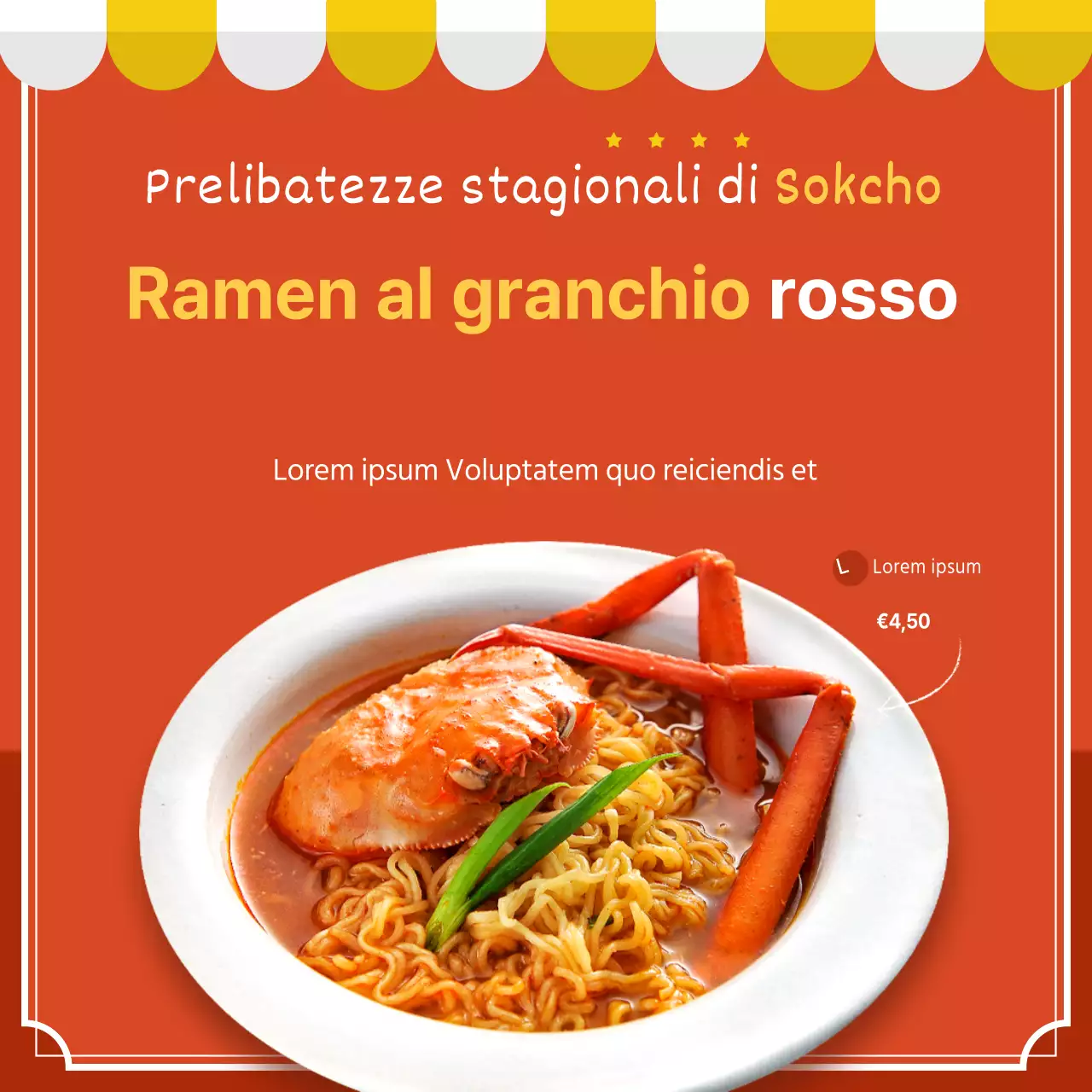 Guida ai ramen di granchio arancione e giallo bianco pulito rosso