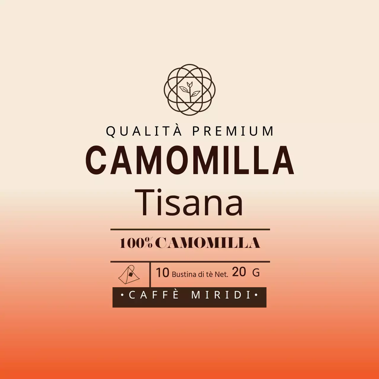 Etichetta della bustina di camomilla del caffè illustrata in rosso avorio