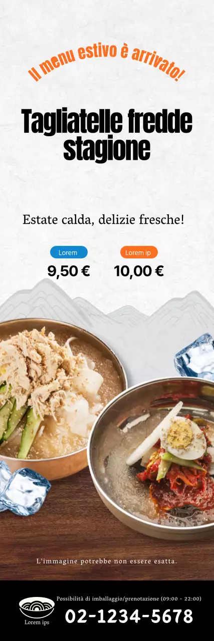 Banner che promuove un menu estivo fresco di noodles freddi in marrone e blu