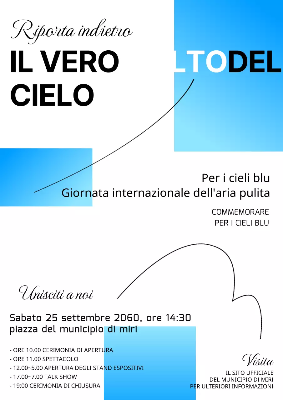 Annuncio di evento con sfondo bianco e dettaglio rettangolo sfumato azzurro V2