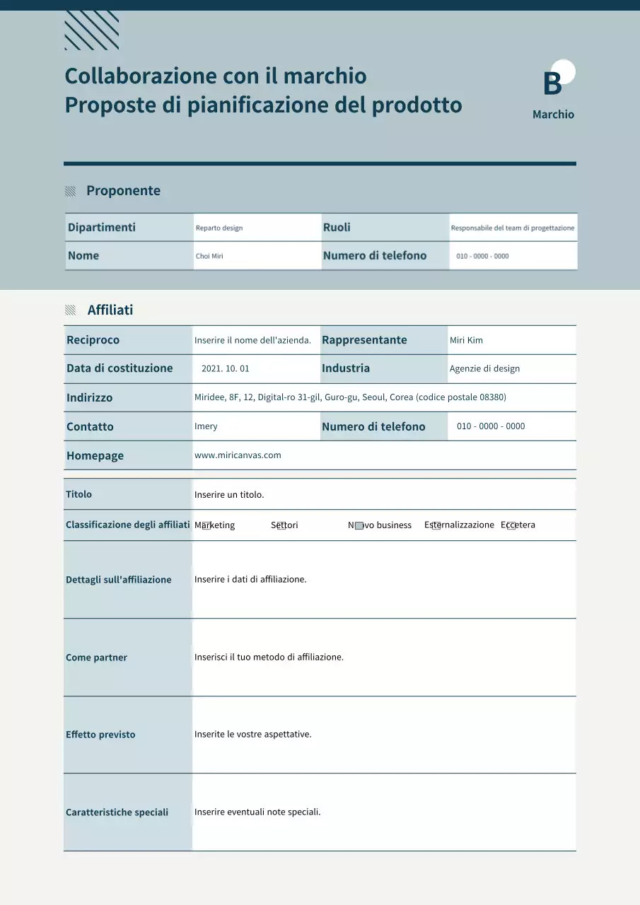 Proposta di collaborazione semplice con un marchio in azzurro