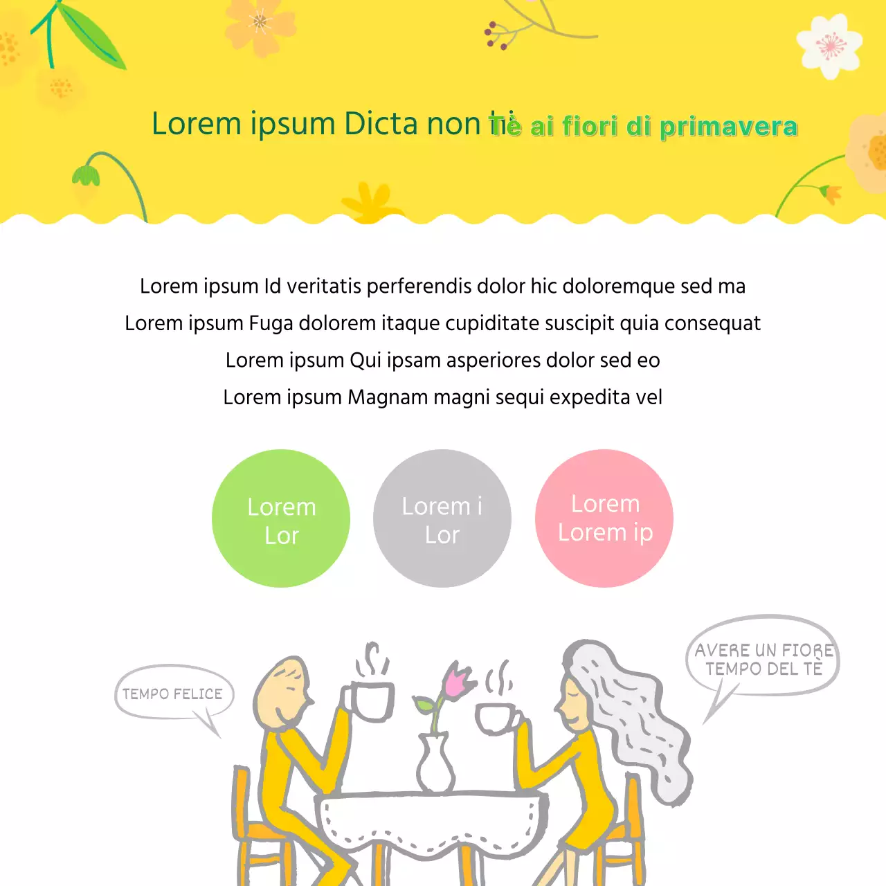 Le illustrazioni fresche e gialle forniscono informazioni sui tè di fiori primaverili