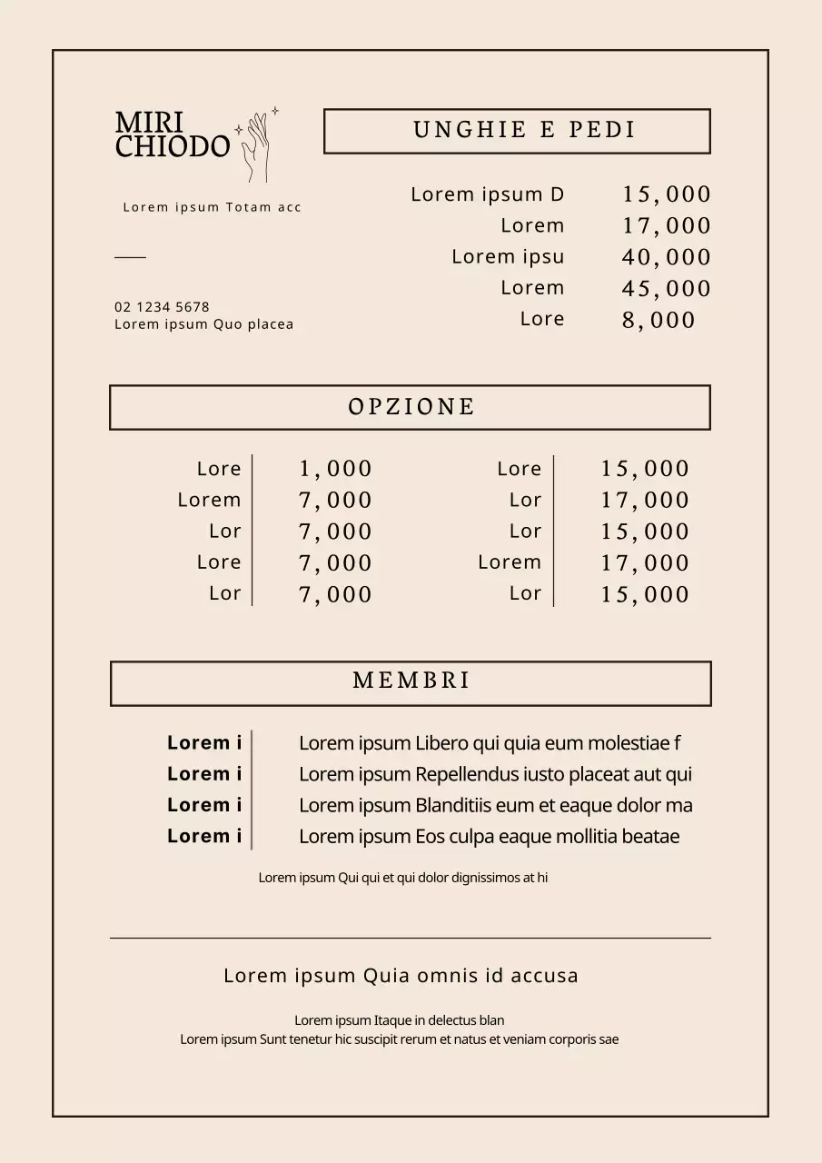 Menu del salone per unghie pulito con scritte in marrone