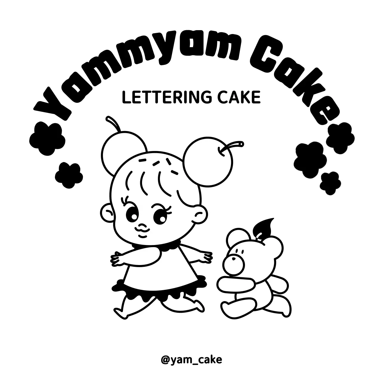 Handmade lettering cake shop design with cute girl and bear illustration in black.