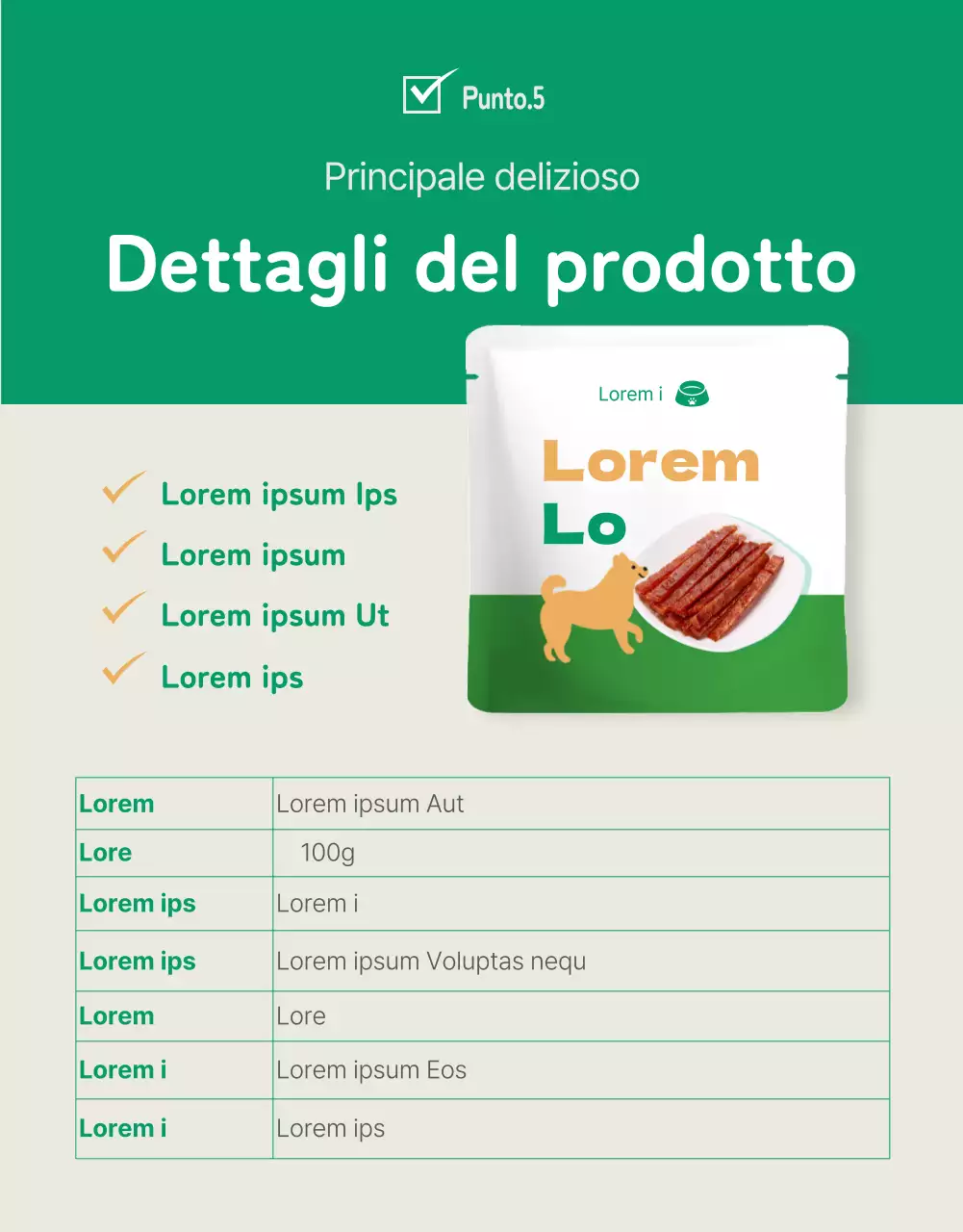 Pagina di dettaglio dei bocconcini per cani blu e verdi