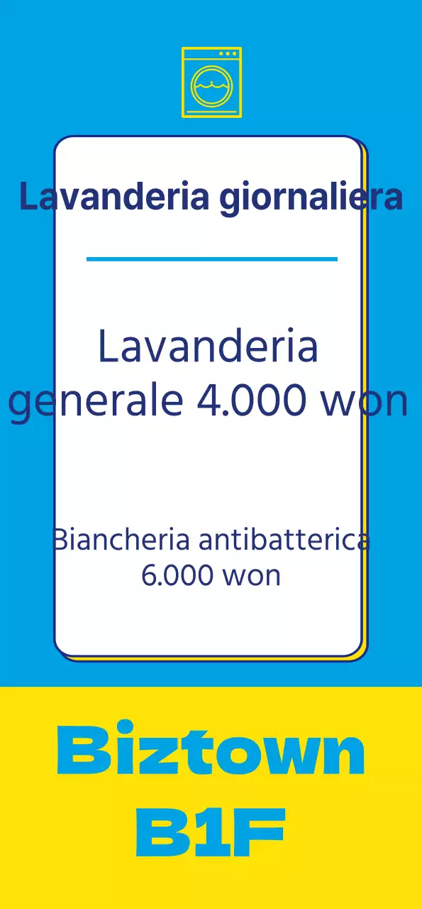 Striscione di una lavanderia a gettoni con l'icona di una lavanderia a punti gialla su sfondo blu