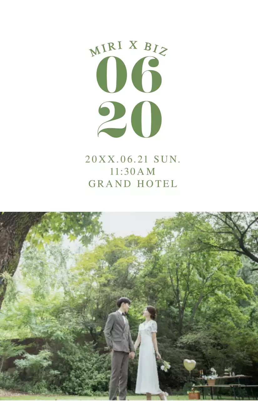 Photo card wedding invitation with green and white wedding colors