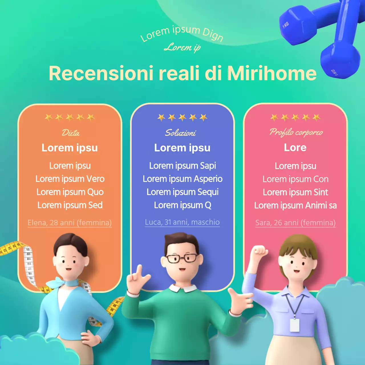 Promuovete una simpatica applicazione 3D contactless per la piattaforma di allenamento a casa nei colori verde e rosa.