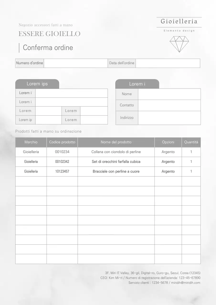 Modello di documento di conferma d'ordine per gioielleria Greytone