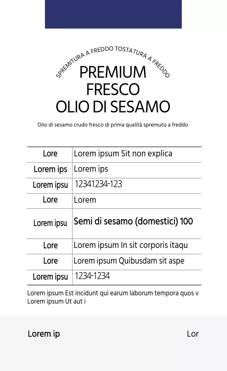 Etichetta informativa sull'olio di sesamo semplice bianco blu navy